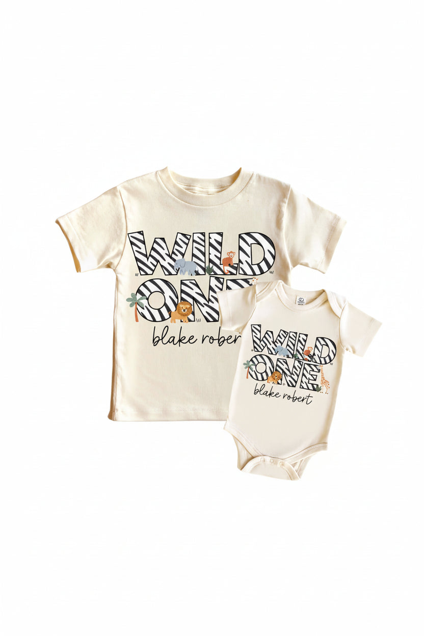 Personalized Wild One Graphic Bodysuit & Kids Tee | Natural